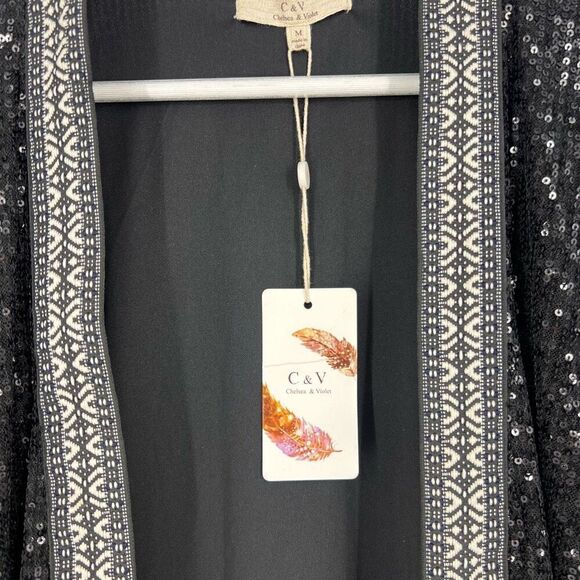 Chelsea & Violet Size Medium Sequin Long Open Front Cardigan Duster Kimono NWT - Picture 4 of 6